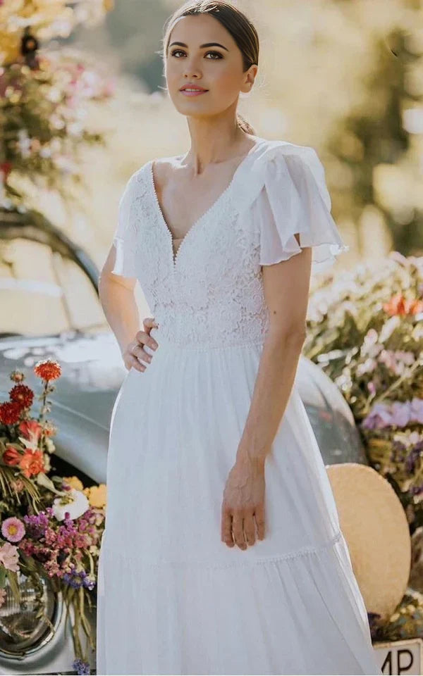 Vestido de novia de encaje, manga corta, largo hasta el suelo, con escote en V y volantes